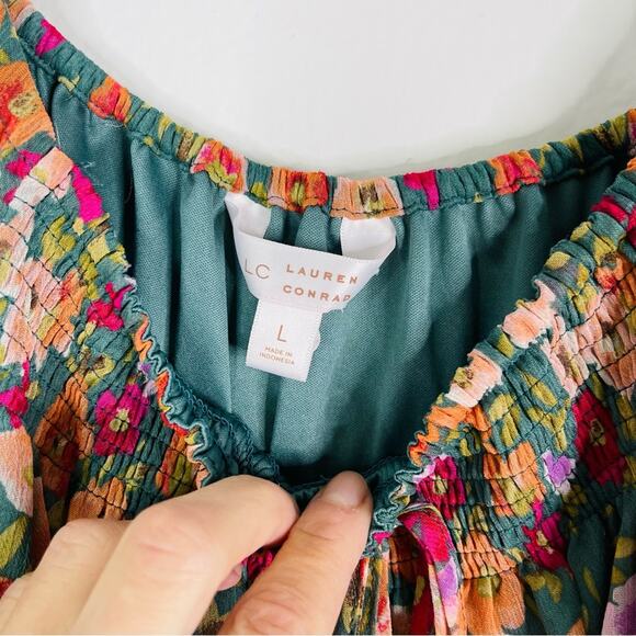 Lauren Conrad green pink floral chiffon boho stretchy cottagecore top large - Picture 5 of 7